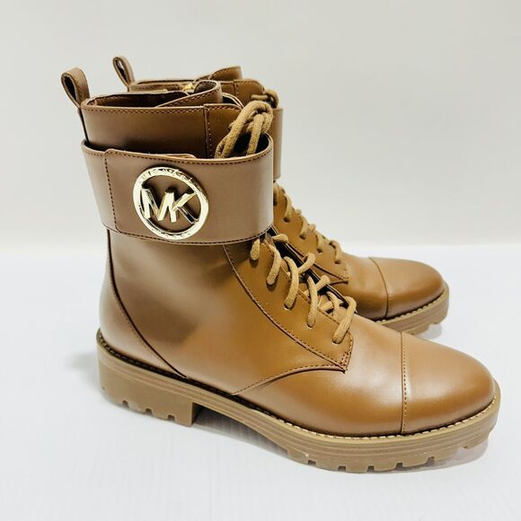 Michael Kors Tatum US 7.5 Combat Boots Brown Faux Leather Ankle Zip NWOB $225 - Picture 3 of 9